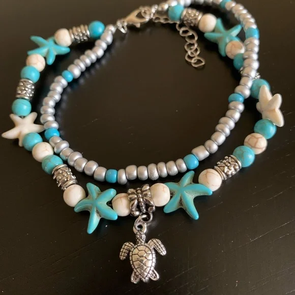 Boho Sea Turtle Starfish Nautical Layered Anklet - Picture 2 of 4